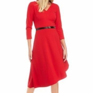CALVIN KLEIN Asymmetrical red v neck cocktail office dress 4 S